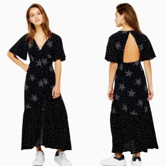 Top Shop Black and White Star Print Maxi Dress Size 6 - Picture 1 of 4